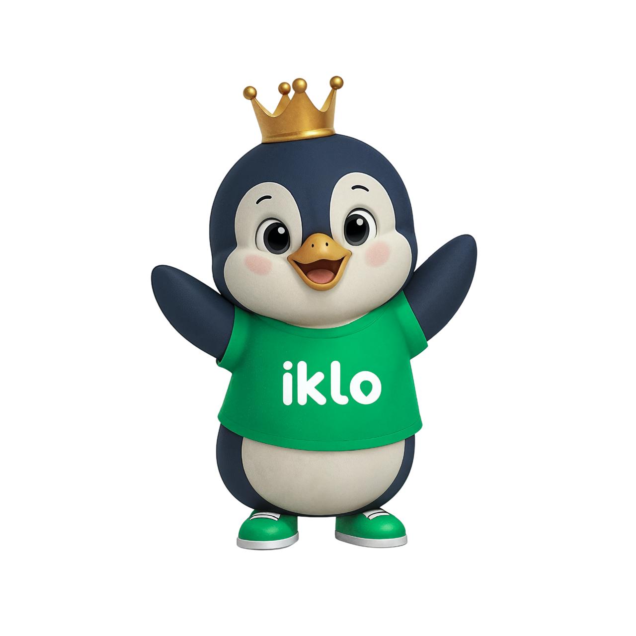 iklo penguin mascot wearing a crown