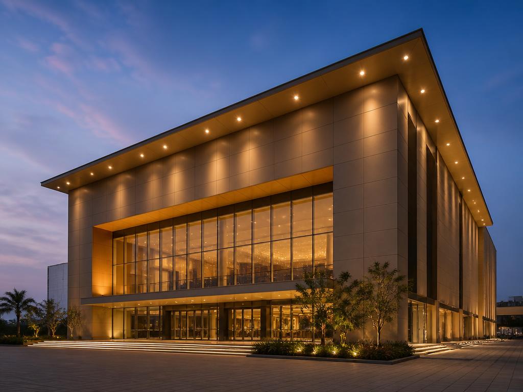 Multiplex cinema building exterior at dusk in Kompally, Hyderabad