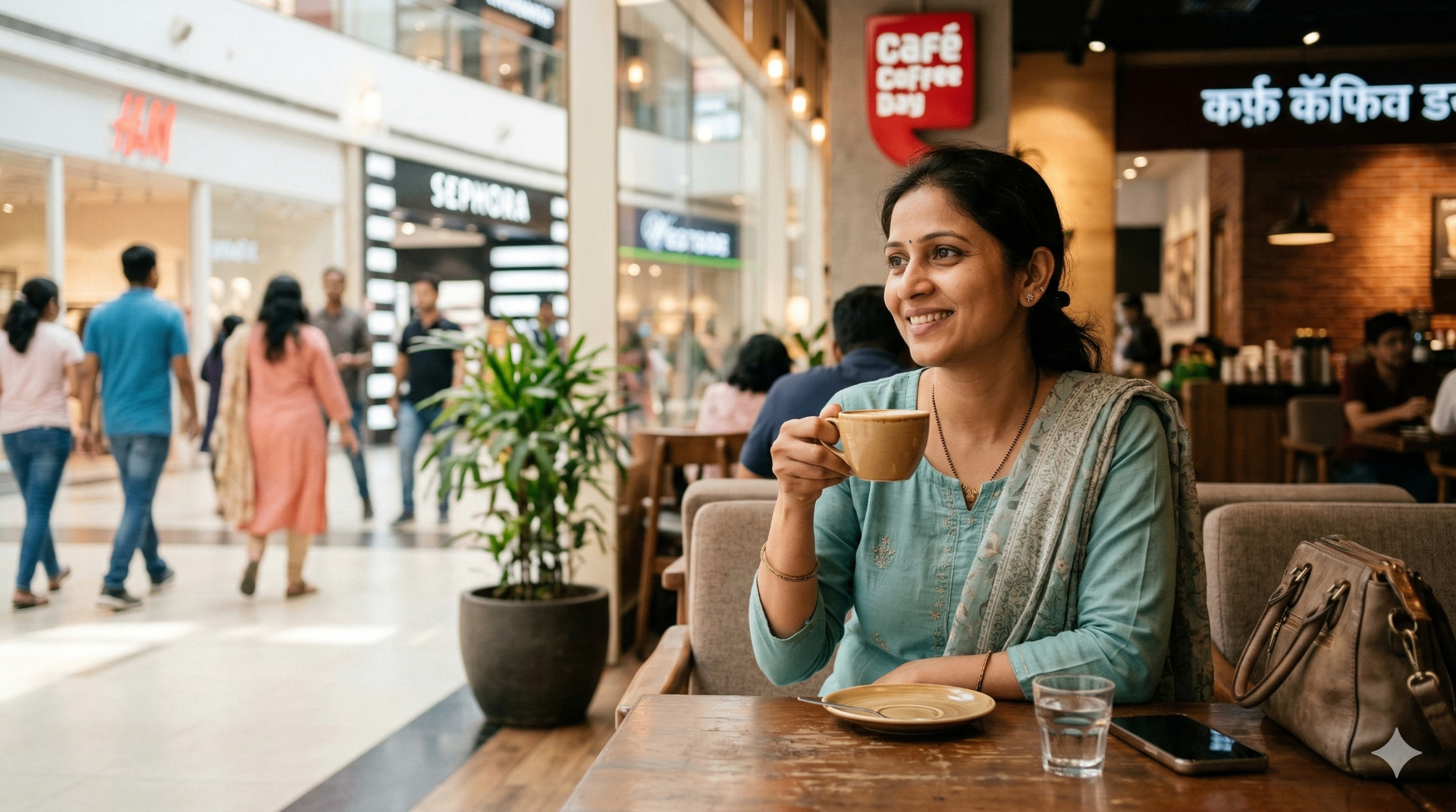 Indian mother relaxing peacefully at a cafe